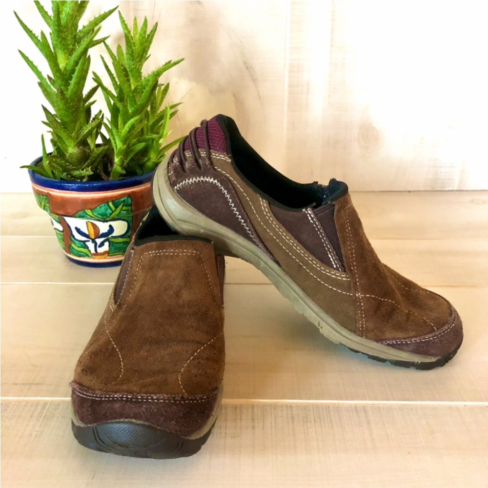 Merrell air cushion suede slip on shoes.